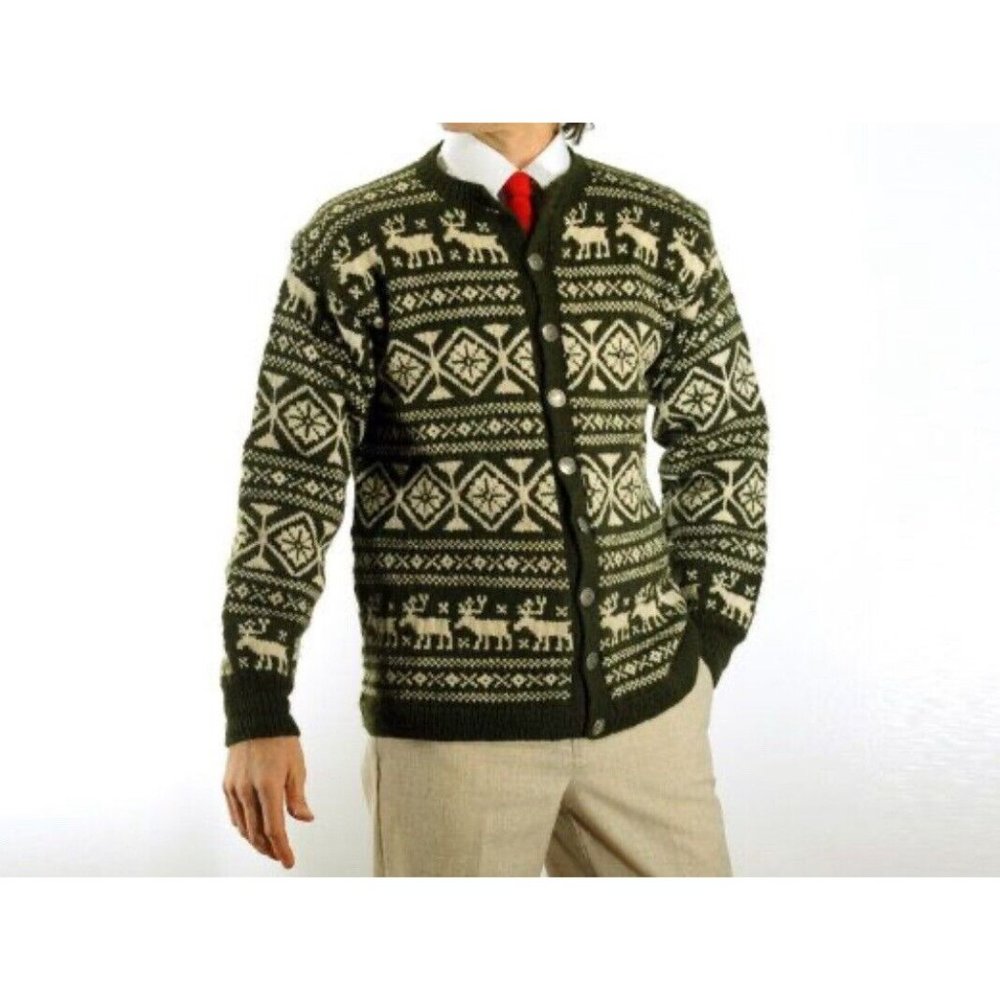 VTG Norway Design Handknitted Men’s Wool Sweater Deer Reindeer Olive Green/W